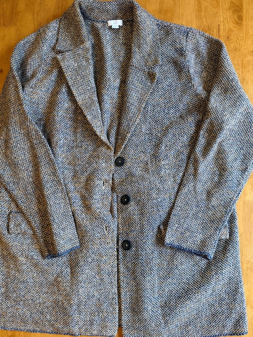 J. Jill Womens Blue Tan Textured Knit Blazer Jacket Size M Cotton Blend Pocket